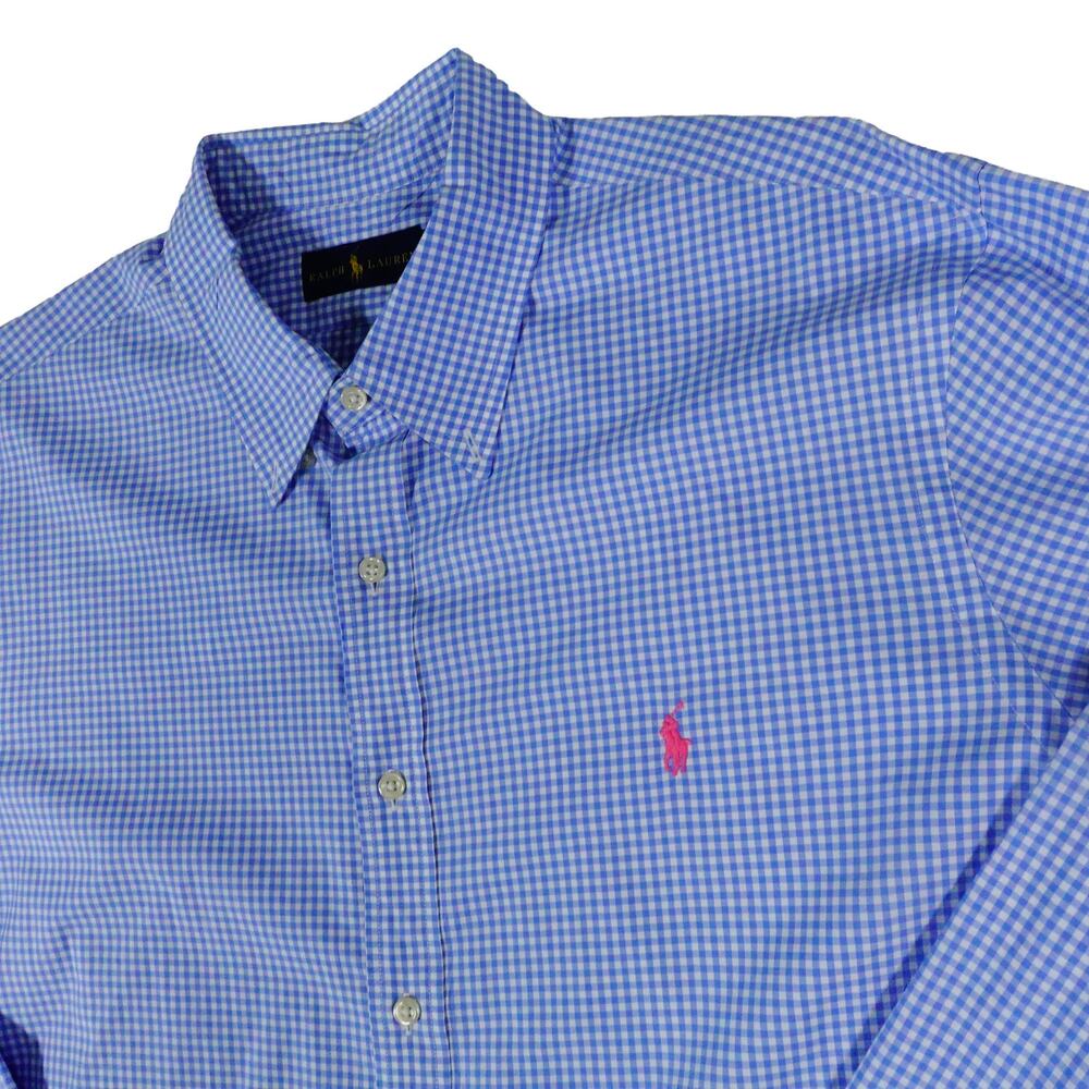 Ralph Lauren Check Button Up Blue Shirt Pink Pony Long Sleeve Mens XXL